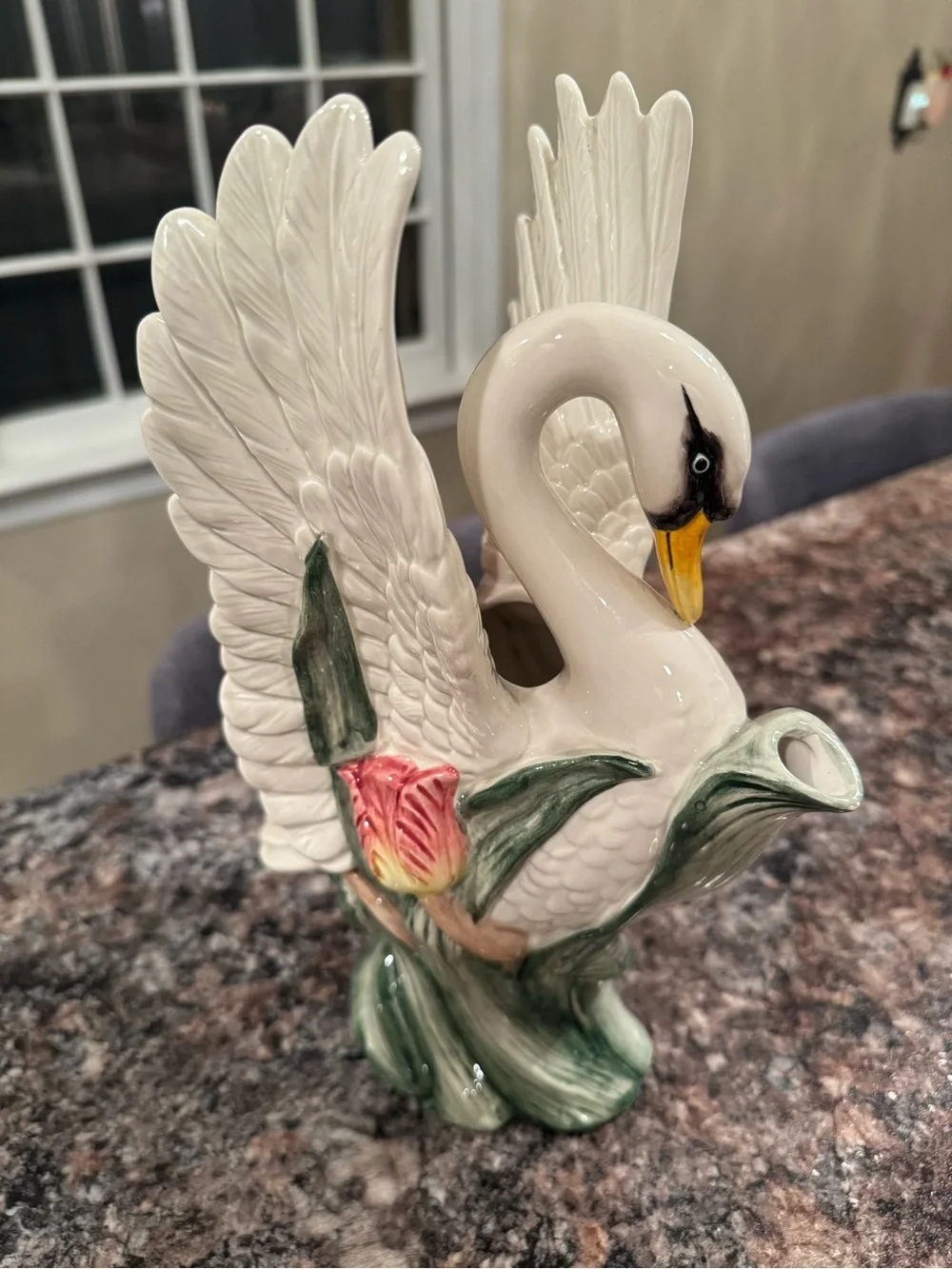 Fitz and Floyd 1995 White Swan Ceramic Pitcher with Multicolor Floral Accents